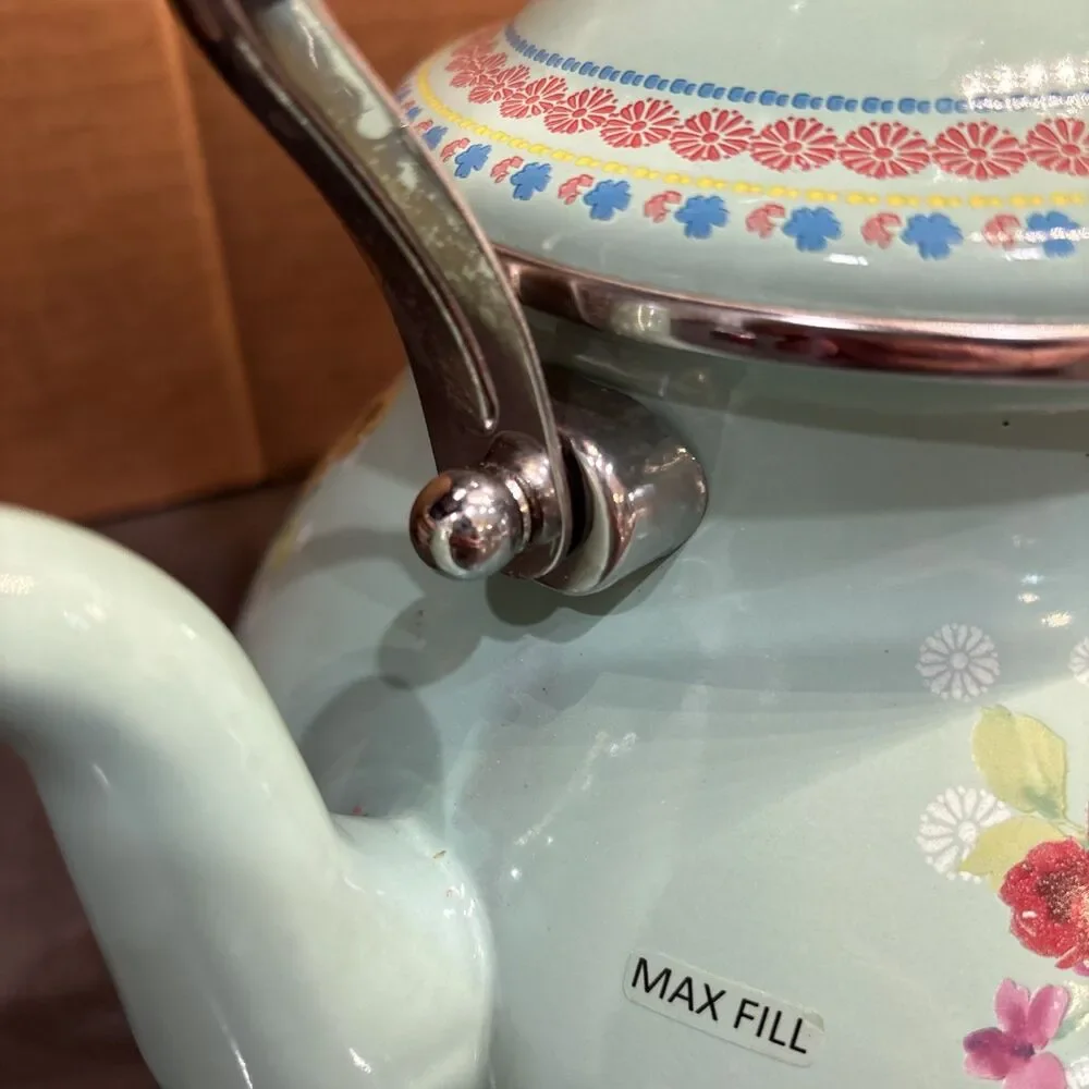 Teapot Pioneer Woman Breezy Blossom Enamel Steel 1.9 Qt Stovetop Tea Kettle - Picture 14 of 16